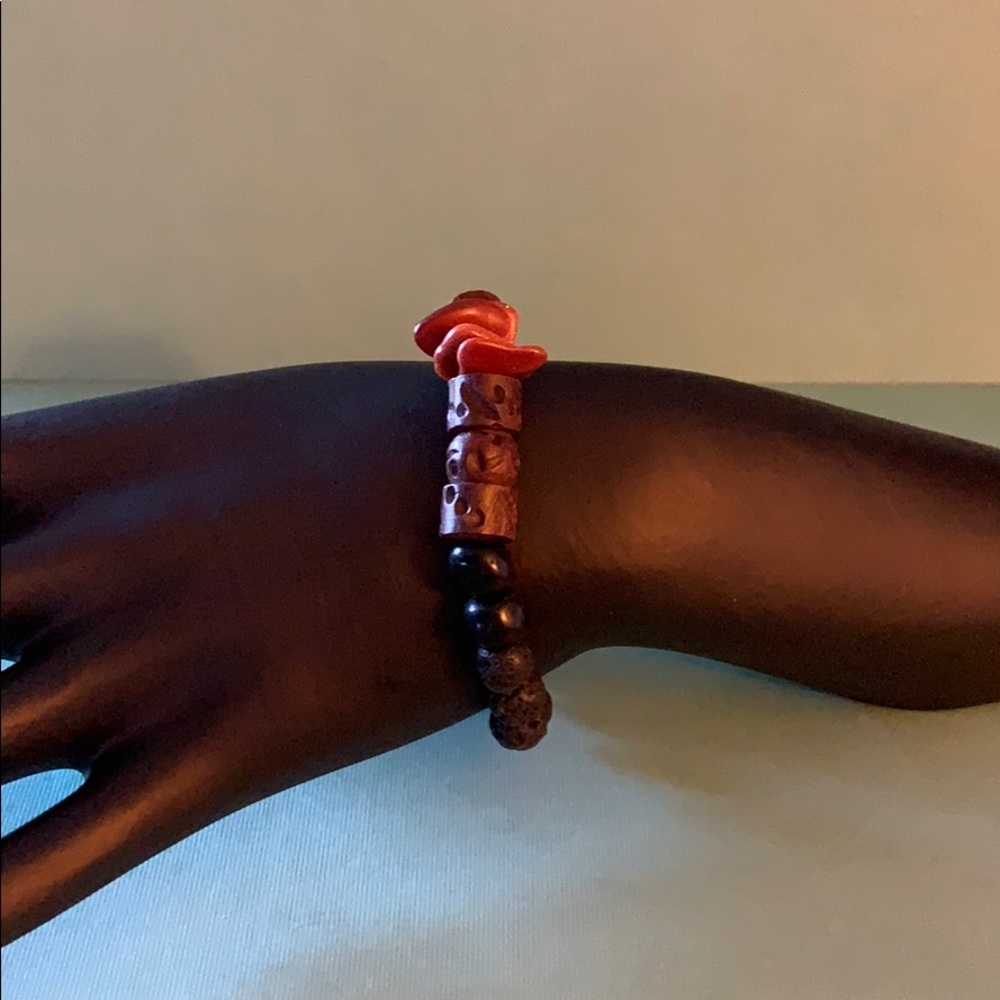 Gold Stone and Carved Wood Bracelet